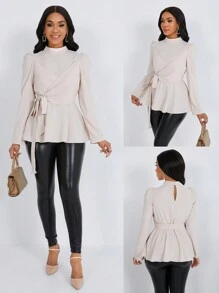 SHEIN Clasi Women Elegant Solid Puff Sleeve Tie-Wrap Shirt, Autumn Peplum Top
