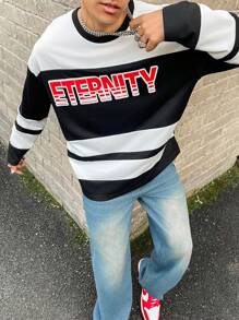 PAVTROS Manfinity Streetrush Men Colorblock Stripe & Letter Graphic Print Crew Neck Casual Everyday Long Sleeve T-Shirt, Street Wear, Boyfriend Gift