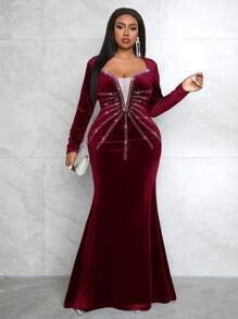 Slaydiva Plus Size Sequin Embellished Long Sleeve Velvet Mermaid Dress, Blue, Suitable For Formal Occasions