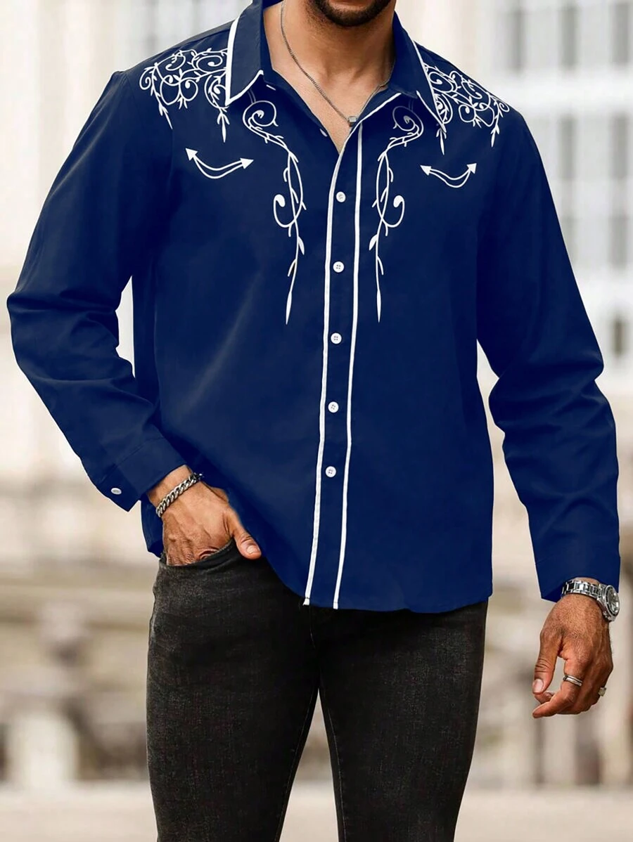 Manfinity Homme Plus Size Men's Button-Front Graphic Print Casual Long Sleeve Shirt - Navy Blue - View 1