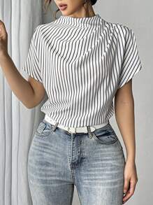 Selianne 女士优雅休闲立领短袖条纹衬衫，褶皱设计，办公室穿着，简约