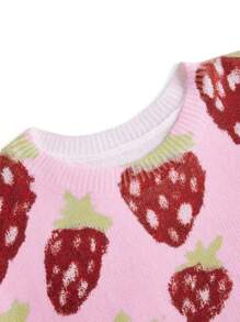 Tartagain Artist Strawberry Pattern Loose Fit Crew Neck Knit Sweater, Suitable For Holiday, Vacation, Festival, Ibiza Fits - Pink - View 3