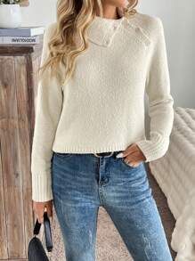 Calvaya 1 pieza Suéter elegante de color liso con cuello asimétrico y manga raglan