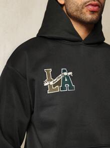 SUMWON Sudadera con capucha con bolsillo tipo canguro, estilo universitario, de peso pesado, con bordado de LA de lujo para atletismo, para otoño e invierno