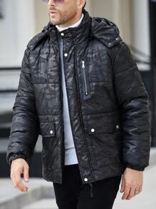 Manfinity Homme Chaqueta con cremallera y capucha con estampado de camuflaje texturizado en negro para hombre, con bolsillos con cordón, para otoño/invierno, ropa de hombre de otoño e invierno, abrigo de camuflaje