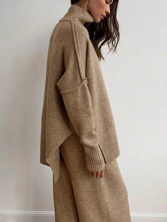 Cévolie Plus Size Casual Enkel Enfärgad Lösstickad tröja och byxa set, höst/vinter