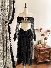 Vintamour Vintage Elegant Women Floral Jacquard Off Shoulder Long Sleeve Flared Cuff Lace Contrast Ruffle Bow Tie Party Festival Strapless Corset Blouse Winter Women Clothes Women Corsets Thanksgiving Women Outfit Winter Outfits Christmas Women Clothes Christmas Outfits Christmas Women Dress Christmas Party Dress Christmas Top Christmas Shirt Christmas Dress Christmas Clothes New Year Eve Dress Thanksgiving Dress Winter Tops Holiday Dress