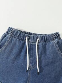 SHEIN Tween-Jungen Vintage Lässig Streetwear Style Mehrere Taschen Locker Bequem Voll Elastische Taille Kordelzug Manschette Denim Cargo Hose