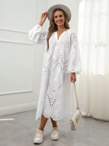SHEIN LUNE Đầm Maxi Cổ Chữ V Thêu Lỗ Thông Thường Cho Nữ - trắng - Xem 1