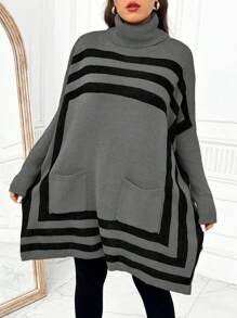 SHEIN LUNE 大码女式高领条纹蝙蝠袖口袋套头毛衣，适合秋冬季针织衫 - 深灰色 - 查看 4