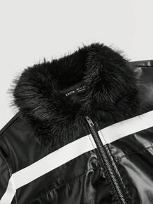 SHEIN MOD 女士秋冬时尚黑白拼色毛领短款夹克 - 黑色 - 查看 3