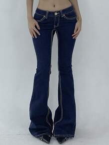 DAZY Women's Low Waist With Pockets Casual Flare Leg Jeans