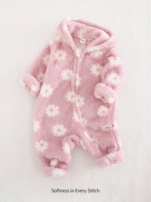 Cozy Pixies Pelele de manga larga con capucha, suave y grueso, con estampado floral para bebé niña