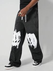 ROMWE MEN Street Life Men's Letter Print Drawstring Loose Casual Baggy Denim Jeans
