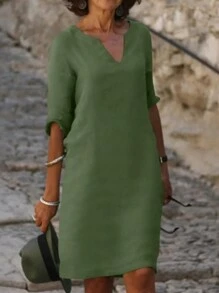 SHEIN Sukienka damska w jednolitym kolorze z dekoltem w serek i półrękawem, luźna, w kształcie litery A, do połowy łydki, jesień