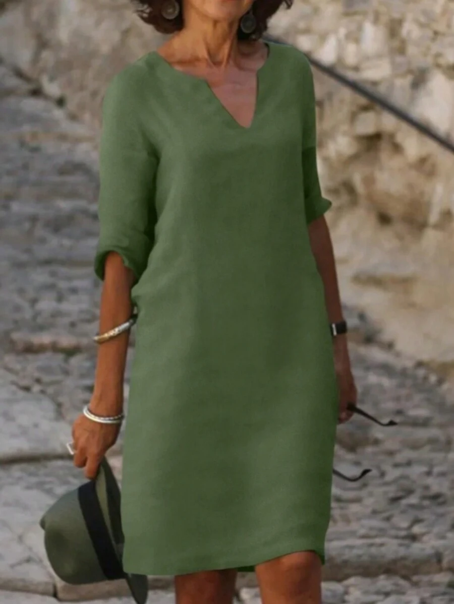 SHEIN Sukienka damska w jednolitym kolorze z dekoltem w serek i półrękawem, luźna, w kształcie litery A, do połowy łydki, jesień