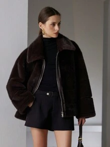 Aveloria Modichic Chaqueta de invierno de lujo con parches de piel de visón y, estilo retro americano con abrigo esponjoso, cremallera metálica, ropa de abrigo casual gruesa y cálida para mujer. Chaqueta de aviador con forro de borrego para ropa de fiesta navideña