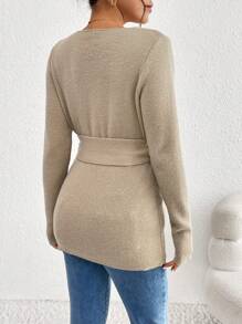 SHEIN Jersey de manga larga con cierre envolvente y nudo a la cintura, de unicolor y estilo informal para mujeres embarazadas, para otoño/invierno, de maternidad