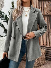 SHEIN Clasi 女式双排扣带口袋长袖西装外套，秋冬款 - 灰色 - 查看 5