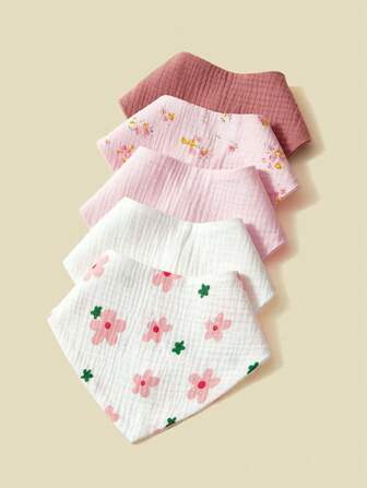 5pcs Baby Girls Floral Bibs, 100% Cotton Gauze Triangle Drool Bibs
