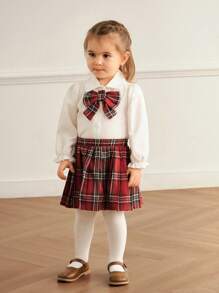 SHEIN 3 件套女婴时尚可爱春秋校园风格套装 - 针织背心、衬衫和百褶裙，韩国时尚 - 紅色 - 查看 3