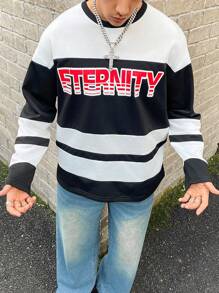 PAVTROS Manfinity Streetrush Men Colorblock Stripe & Letter Graphic Print Crew Neck Casual Everyday Long Sleeve T-Shirt, Street Wear, Boyfriend Gift