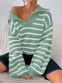 Flirla Women Casual Dropped Shoulder Striped Long Sleeve Pullover Sweater, Autumn/Winter
