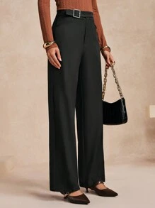 SHEIN Unity Women Casual Solid Color Straight Leg Pants, Spring/Autumn - Black - View 4
