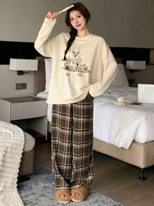 DAZY Cute Deer Graphic Loose Top & Plaid Pajama Pants Two-Piece Loungewear Set