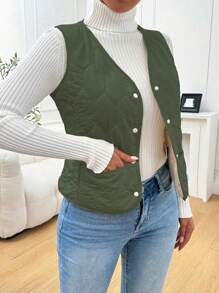 Chiquease Vrouwen Effen Voorkant Knoop Mouwloos Casual Gewatteerde Gewatteerde Jas Kleding Winter
