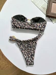 Swim Vcay 2pcs Sexy Vacation Style Random Printed Bandeau Top & Tie Strap Bikini Bottom Ladies Swimwear Set, Summer