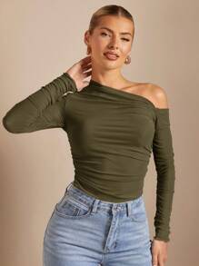 SHEIN BAE 1 件女式纯色不对称垂褶透视修身长袖上衣 - 軍綠色 - 查看 5