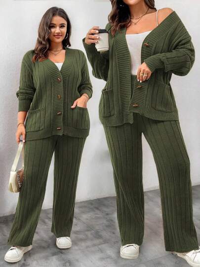Elenzga Plus Size Women Casual Solid Color Long Sleeve Single-Breasted Knit Cardigan And Knitted Pants Set For Autumn/Winter Fall Cloth For Women