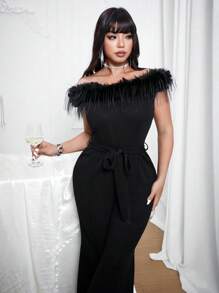Allurite Plus Size Women's Off Shoulder Fluffy Collar Pocket Tie Waist Minimalist Black Jumpsuit For Dates And Parties