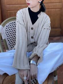 INAWLY Women Casual Drop Shoulder Loose Cardigan, Solid Color, Autumn/Winter - Apricot - View 4