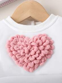 SHEIN Playful Pals 女婴可爱甜美网眼撞色心形装饰连衣裙，适合春秋季节 - 白色 - 查看 4