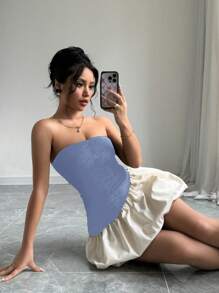 Elenzga Set de 2 vestidos cortos de cintura baja con bloque de color, sin tirantes y fruncidos