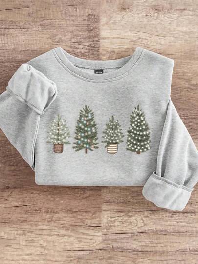 INAWLY Plus Size Christmas Tree Graphic Print Loose Fit Crew Neck Sweatshirt, Casual Pullover For Autumn & Spring