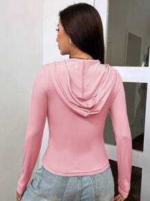 SHEIN EZwear 粉色拉链抽绳连帽运动衫 - 粉色 - 查看 2