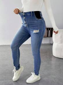 SHEIN Maternity Blue Denim Ripped Stretchy Skinny Pants - Blue - View 4