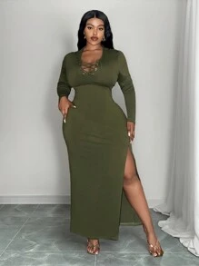Slaydiva Elegant & Casual Basic Tight-Fitted Solid Color V-Neck Tie Knot Hem High-Slit Long Sleeve Dress, Plus Size Women, Spring/Autumn - Army Green - View 8