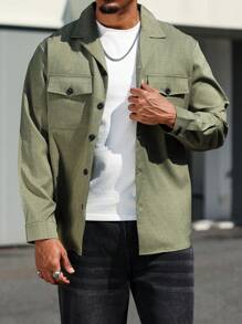 Manfinity Homme Plus Size Men Military Green Lapel Collar Thin Casual Going Out Shacket, For Friends, Husband, Boyfriend Gifts, Fall