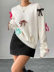 Chiquease Suéter Casual Feminino com Bloco de Cores e Laço Fofo, Outono/Inverno