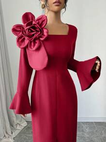 Modelyn Tailliertes & elegantes 3D-Blumen-Maxikleid mit Schlitz und Langarm für Frauen, burgunderrotes Maxikleid für Abendveranstaltungen - Bordeaux - Übersicht 1