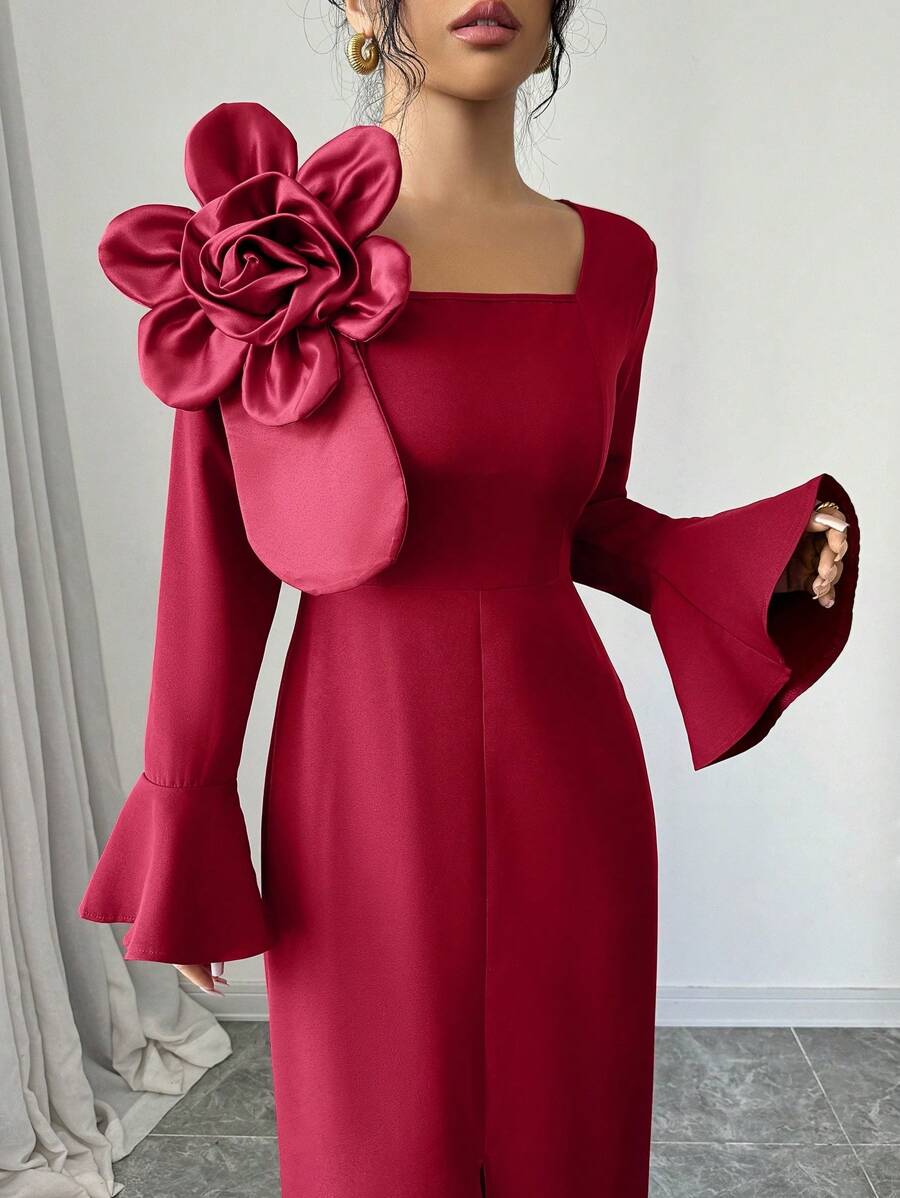 Modelyn Tailliertes & elegantes 3D-Blumen-Maxikleid mit Schlitz und Langarm für Frauen, burgunderrotes Maxikleid für Abendveranstaltungen - Bordeaux - Übersicht 1