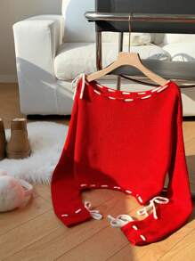 Comfortcana Women's New Autumn And Winter Christmas Contrast Color Strappy Red Sweater Valentine's Day