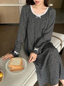 DAZY Women's Ditsy Floral Color Block Ruffle Bow Decor Loose Fit Nightgown Pajama - Black - View 1