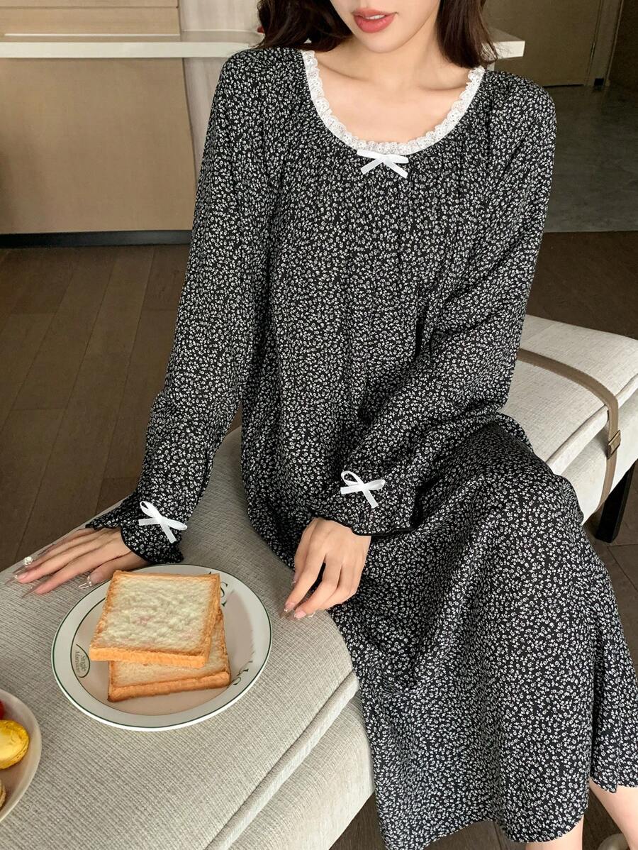 DAZY Women's Ditsy Floral Color Block Ruffle Bow Decor Loose Fit Nightgown Pajama - Black - View 1