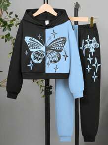 SHEIN Set de 2 piezas de sudadera con capucha y pantalones de patchwork para niñas preadolescentes