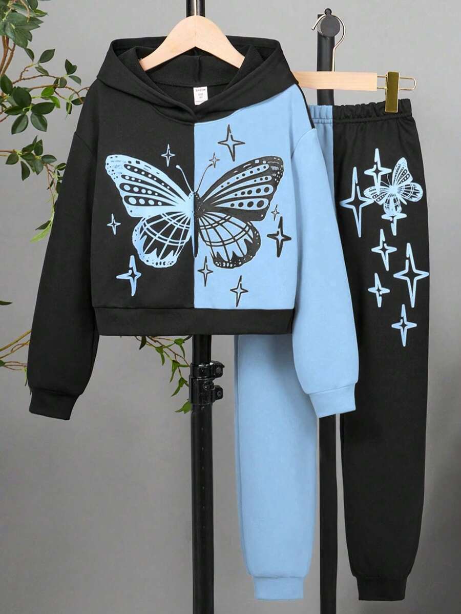 SHEIN Set de 2 piezas de sudadera con capucha y pantalones de patchwork para niñas preadolescentes